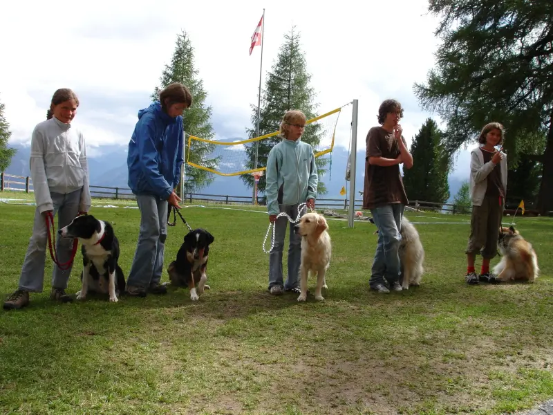 Eine Gruppe von Menschen, die um einen Hund stehen. – Jugend und Hund Lager 2006 in Trans