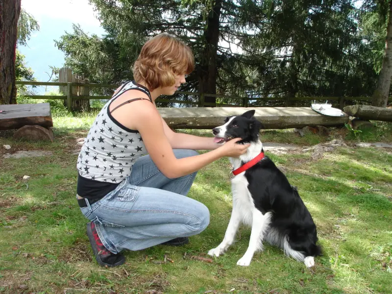 Eine Frau kniet mit einem Hund in ihrem Schoss nieder. – Jugend und Hund Lager 2007 in Trans