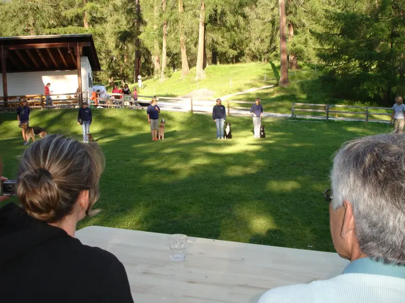 Eine Gruppe von Menschen, die auf einem Picknicktisch sitzen. – Jugend und Hund Lager 2007 in Trans