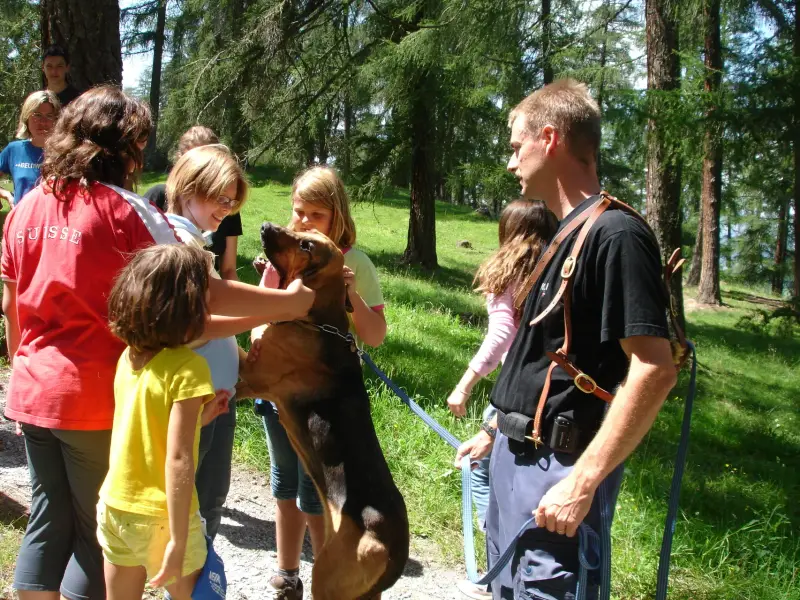 Eine Gruppe von Menschen, die um einen Hund stehen. – Jugend und Hund Lager 2007 in Trans