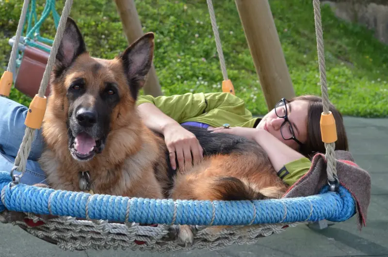 Eine Frau, die mit ihrem Hund in einer Hängematte liegt. Rasse: Deutscher Schäferhund. – Jugend und Hund Lager 2012 in Vignogn