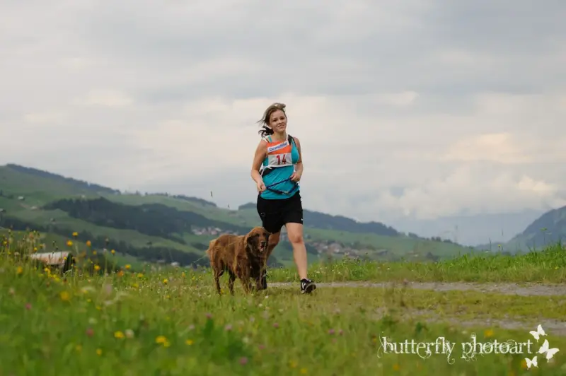 Eine Frau, die mit ihrem Hund in einem Feld aus Gras und Blumen läuft, mit Hügeln und Bäumen im Hintergrund und einem… Rasse: Irish Setter. – Jugend und Hund Lager 2012 in Vignogn