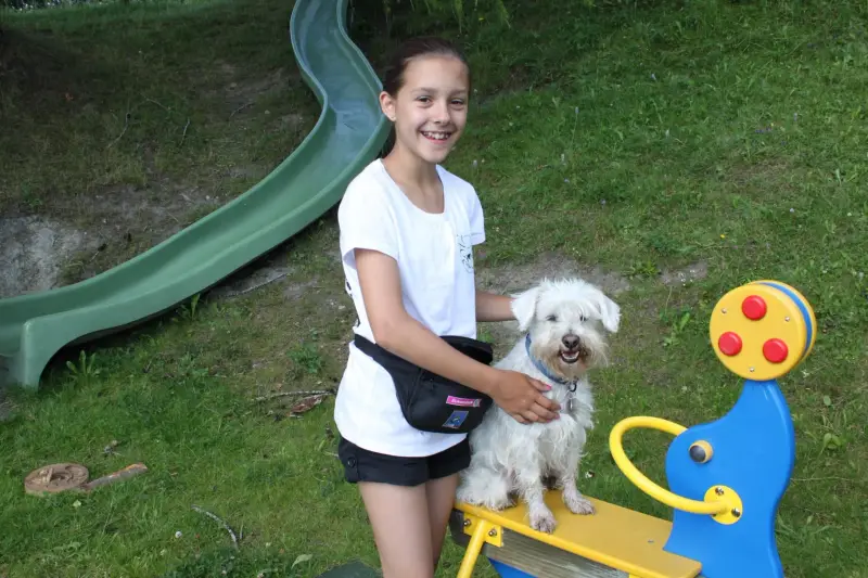 Ein junges Mädchen, das neben einem weissen Hund auf einer Wippe in einem grasigen Bereich mit einer Rutsche im… Rasse: Sealyham Terrier. – Jugend und Hund Lager 2012 in Vignogn